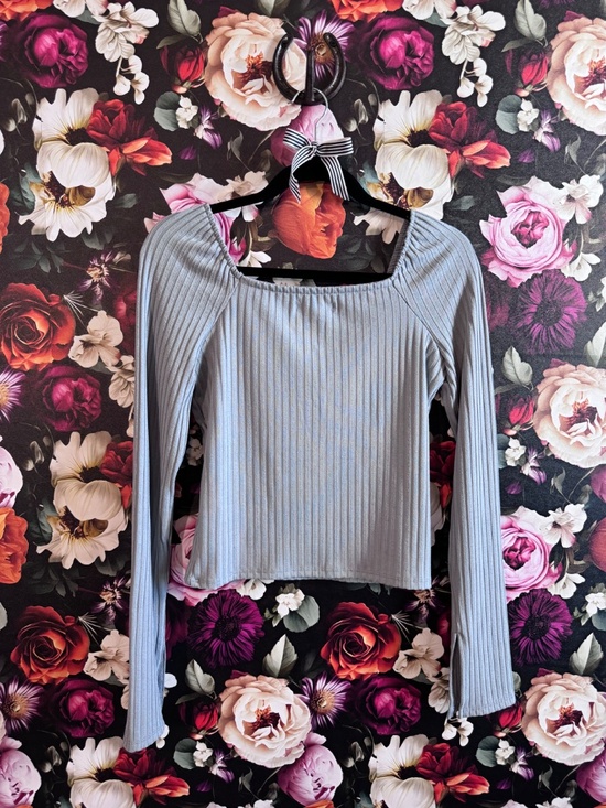 Madewell Tops - NWT, Madewell Ribbed Fitted Slate Blue Long-Sleeved Top, Off-The-Shoulder, M